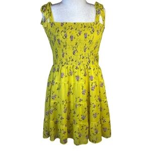 Gianni Bini MEDIUM Dress Smocked Tiered Tie Shoulder Yellow Floral